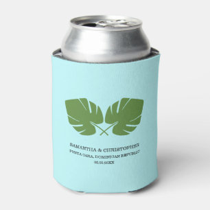 Personalised Tropical leaves Destination Wedding Can Cooler
