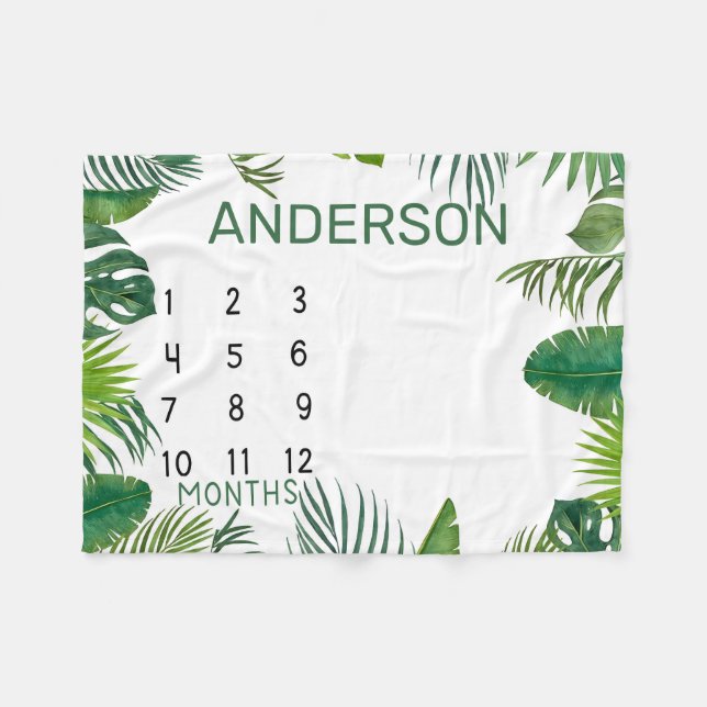 Personalised Tropical Leaves Monthly Milestone  Fleece Blanket (Front (Horizontal))