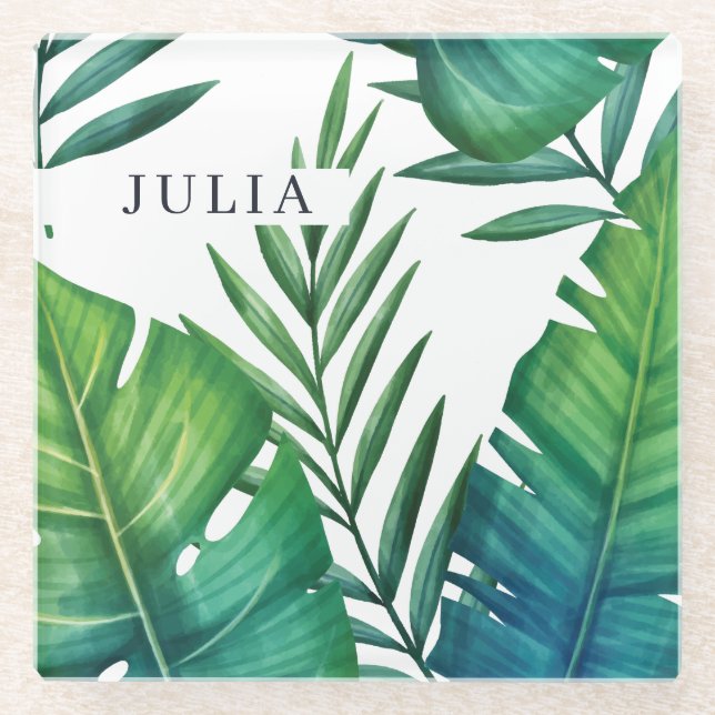 Personalised Tropical Leaves Watercolor Glass Coaster (Front)