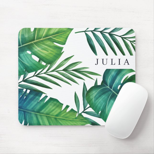 Personalised Tropical Leaves Watercolor Mouse Mat (With Mouse)