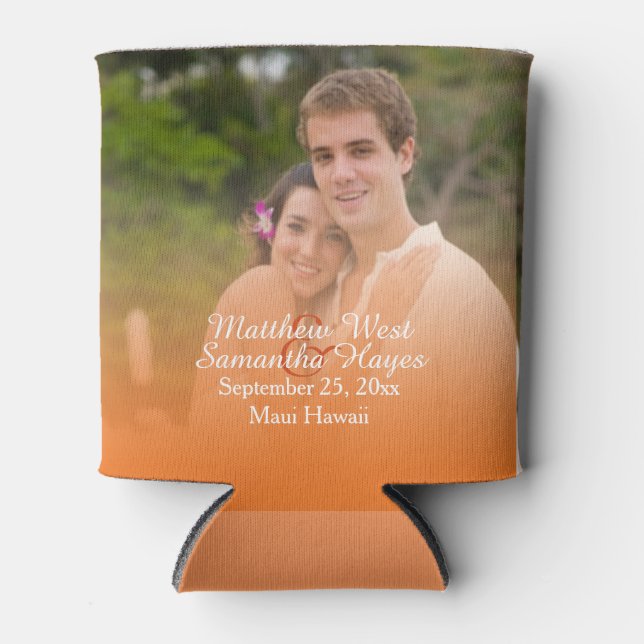 Personalised Tropical Orange Beach Wedding Photo Can Cooler (Front)