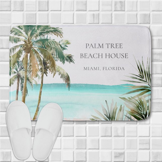 Personalised Tropical Palm Tree Leaves Blue Beach Bath Mat (In situ)