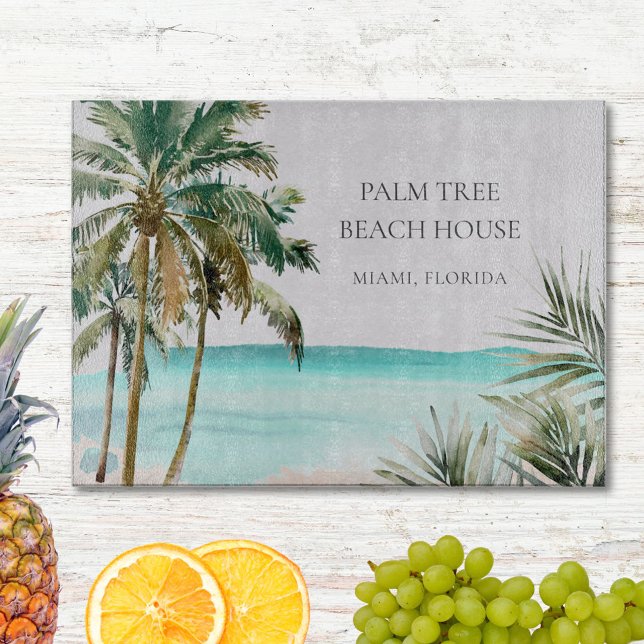 Personalised Tropical Palm Tree Leaves Blue Beach Cutting Board (In situ)