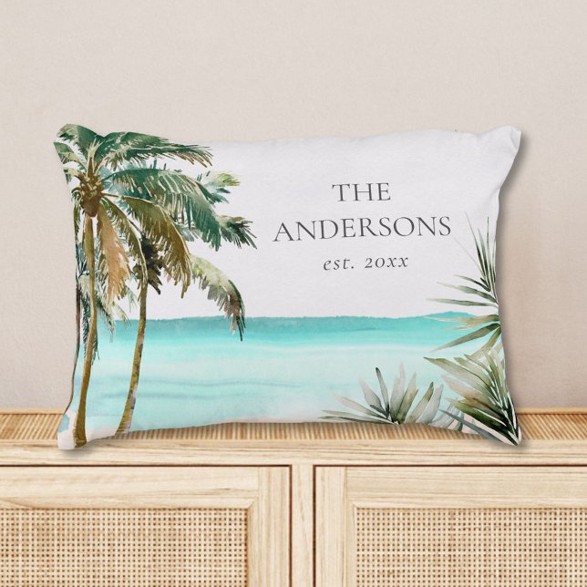 Personalised Tropical Palm Tree Leaves Blue Beach Decorative Cushion (In situ)