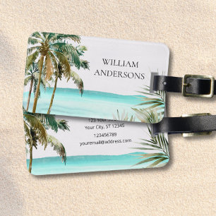 Personalised Tropical Palm Tree Leaves Blue Beach Luggage Tag