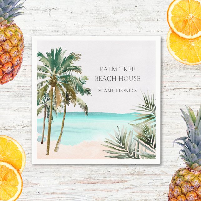 Personalised Tropical Palm Tree Leaves Blue Beach Napkin (In situ)