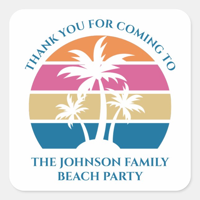 Personalised Tropical Palm Tree Sunset Beach Party Square Sticker (Front)