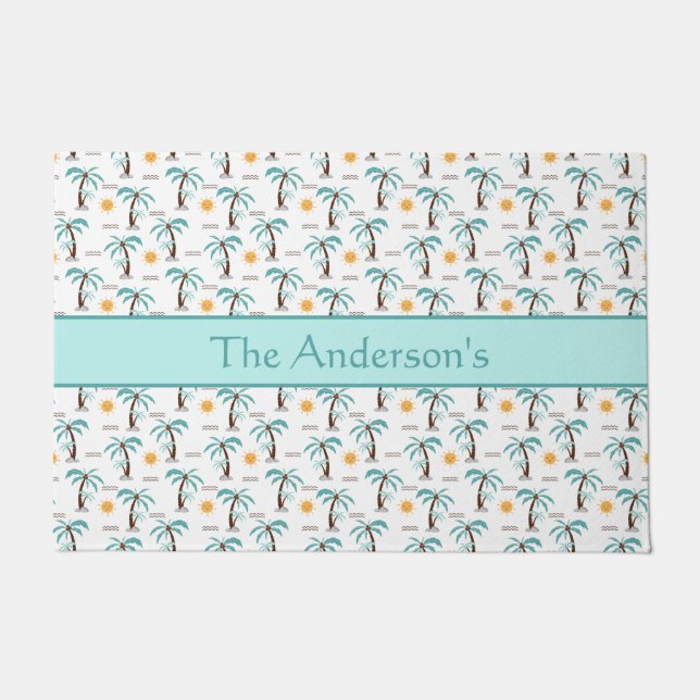 Personalised Tropical Palm Tree Sunshine Teal  Doormat (Front)