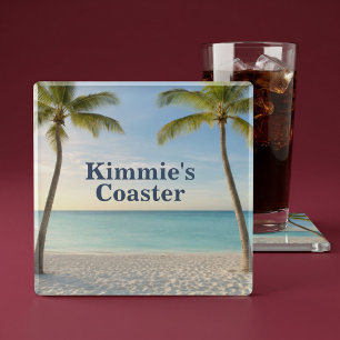 Personalised Tropical Palm Trees Beach Paradise Glass Coaster