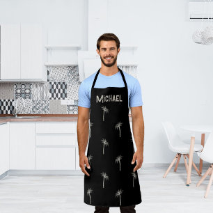 Personalised Tropical Palm Trees Custom Name Black Apron