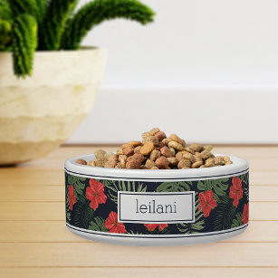 Personalised Tropical Red Hibiscus Pattern Pet Bowl