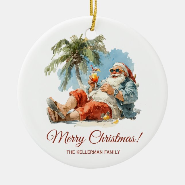 Personalised Tropical Santa Christmas Ceramic Tree Decoration (Front)