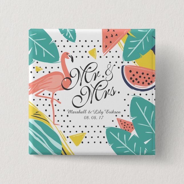 Personalised Tropical Summer Wedding Pin Button (Front)