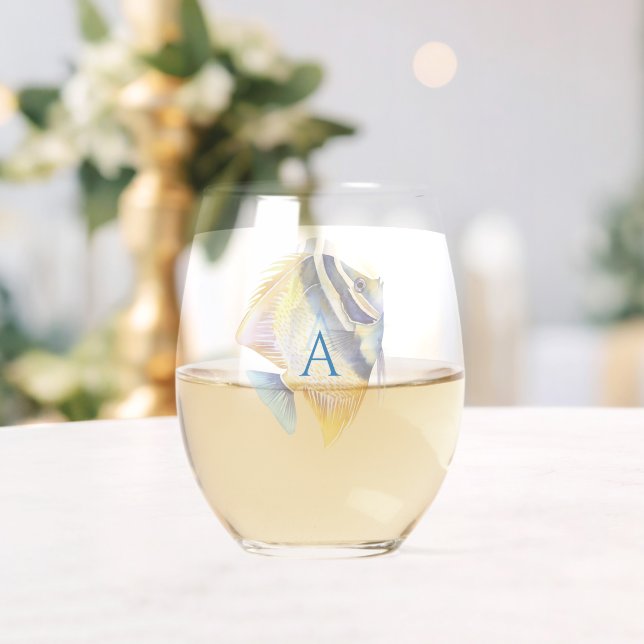 Personalised Tropical Watercolor Angel Fish II Stemless Wine Glass (Insitu (Wedding))