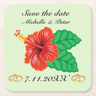 Personalised Tropical Wedding "Save The Date" Square Paper Coaster
