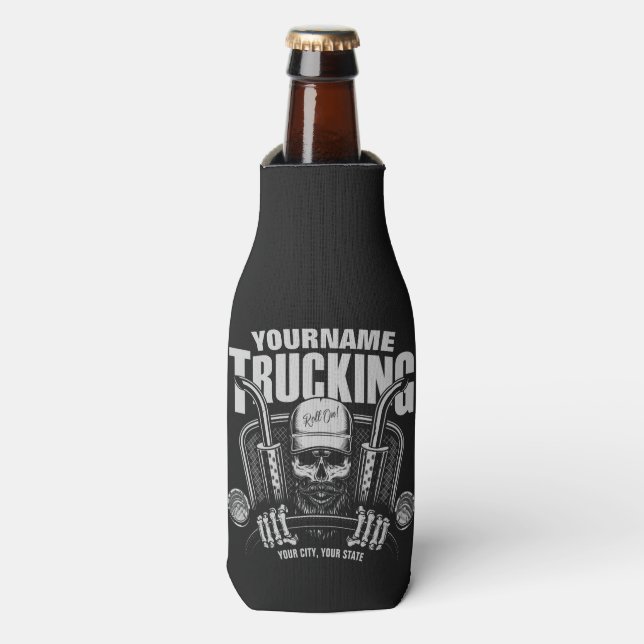 Personalised Trucking Skull Trucker Big Rig Truck Bottle Cooler (Bottle Front)