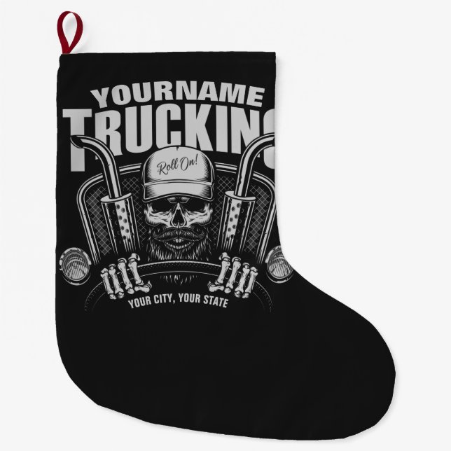 Personalised Trucking Skull Trucker Big Rig Truck  Large Christmas Stocking (Front)