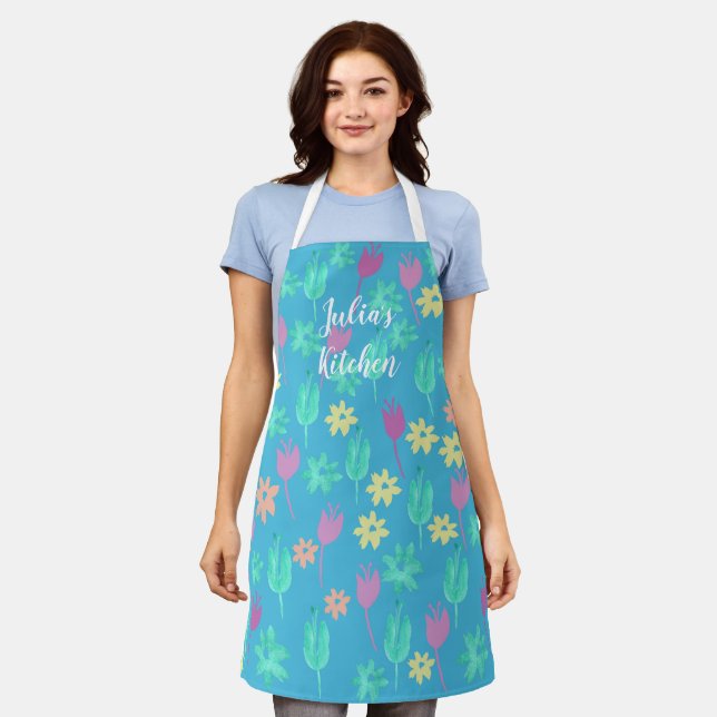 Personalised Tulip Apron Blue Pink Yellow (Worn)