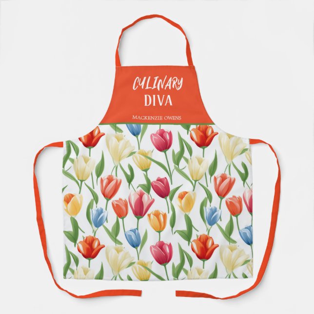 Personalised Tulips Patterns Ladies' Apron (Front)