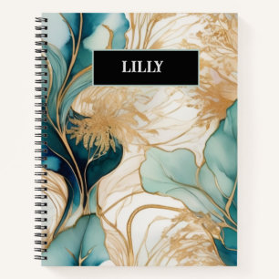 Personalised Turquoise and Gold Alcohol Ink  Notebook