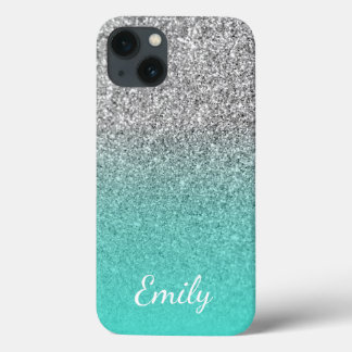 Personalised Turquoise and Silver Glitter Ombre iPhone 13 Case