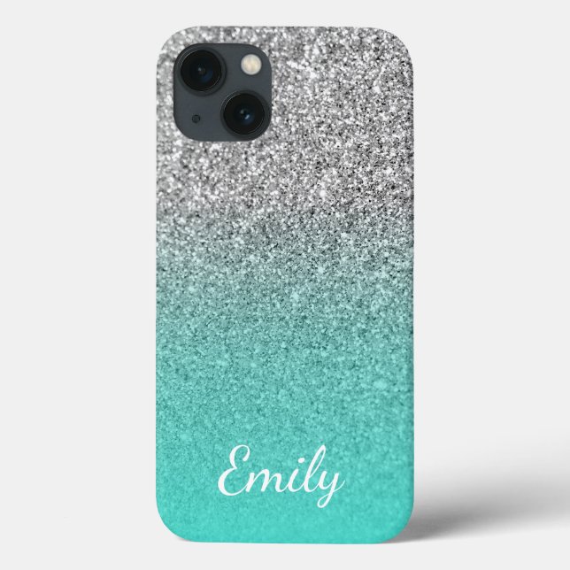 Personalised Turquoise and Silver Glitter Ombre Case-Mate iPhone Case (Back)