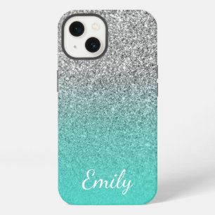 Personalised Turquoise and Silver Glitter Ombre iPhone 13 Case
