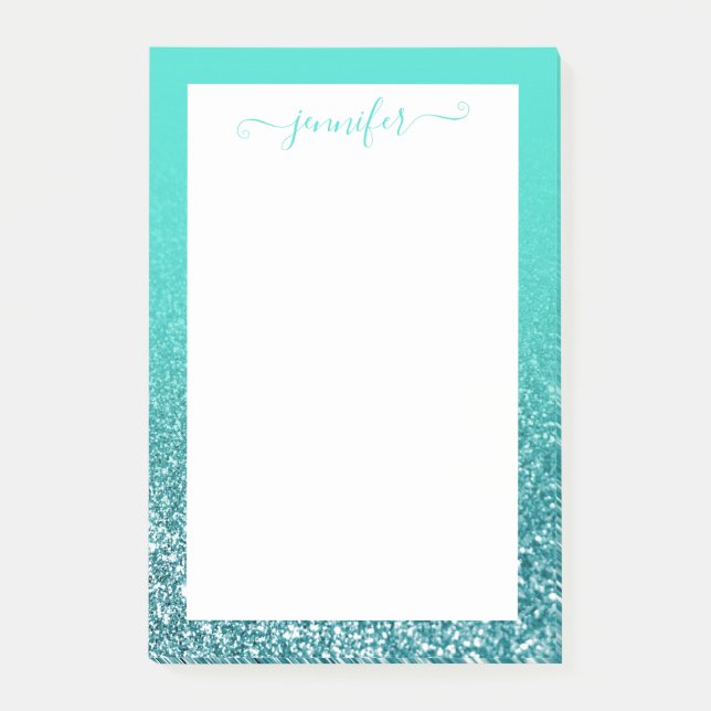 Personalised Turquoise and Teal Glitter Ombre Post-it Notes (Front)