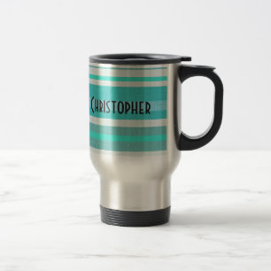 Personalised Turquoise Aqua Stripe Pattern Travel Mug