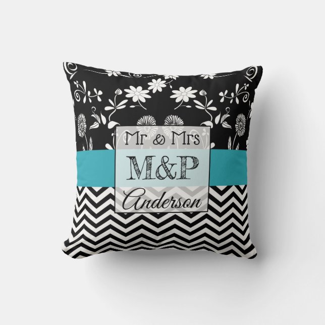 Personalised Turquoise Black Wedding Pillow (Front)