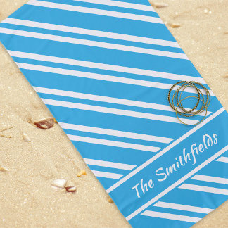 Personalised Turquoise Blue and White Stripes Beach Towel
