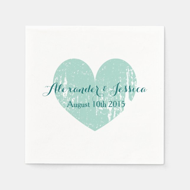 Personalised turquoise blue heart wedding napkins (Front)