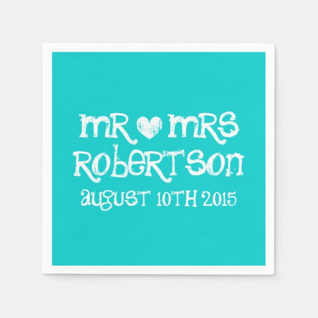 Personalised turquoise blue mr mrs wedding napkins (Front)