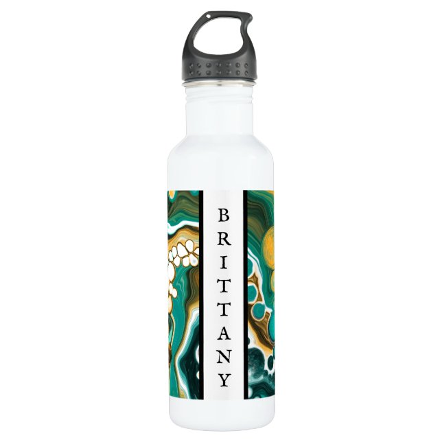 Personalised Turquoise, Gold, Marble Fluid Art    710 Ml Water Bottle (Front)