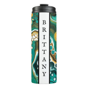 Personalised Turquoise, Gold, Marble Fluid Art   Thermal Tumbler
