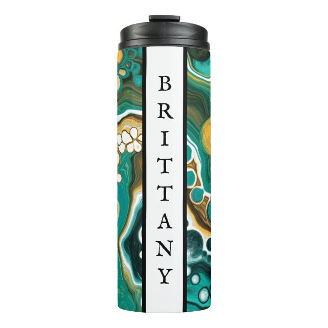 Personalised Turquoise, Gold, Marble Fluid Art   Thermal Tumbler (Front)