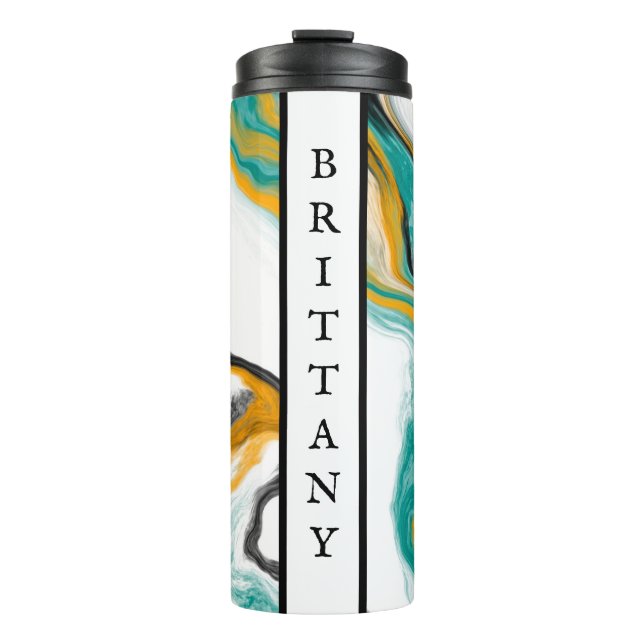 Personalised Turquoise, Gold, Marble Fluid Art  Thermal Tumbler (Front)