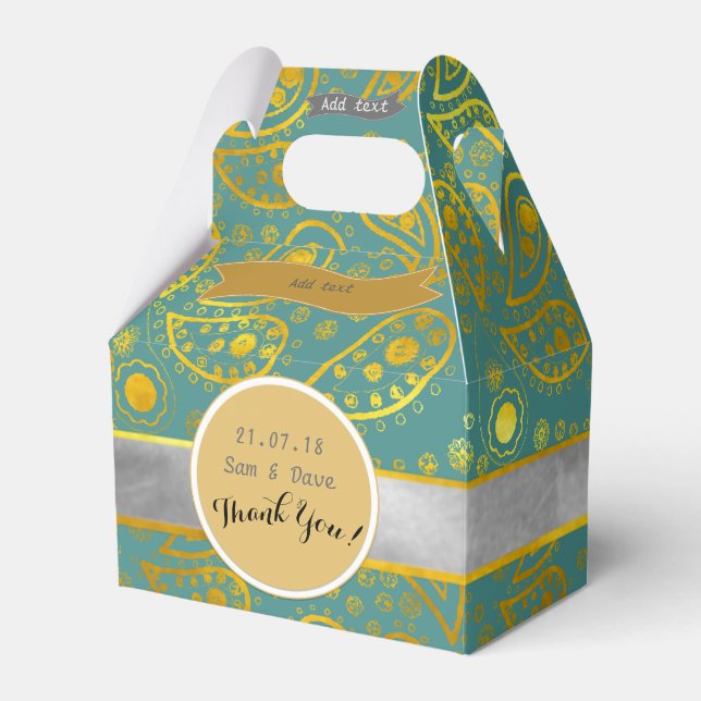 Personalised Turquoise Gold Paisley Gable Favour Box (Front Side)