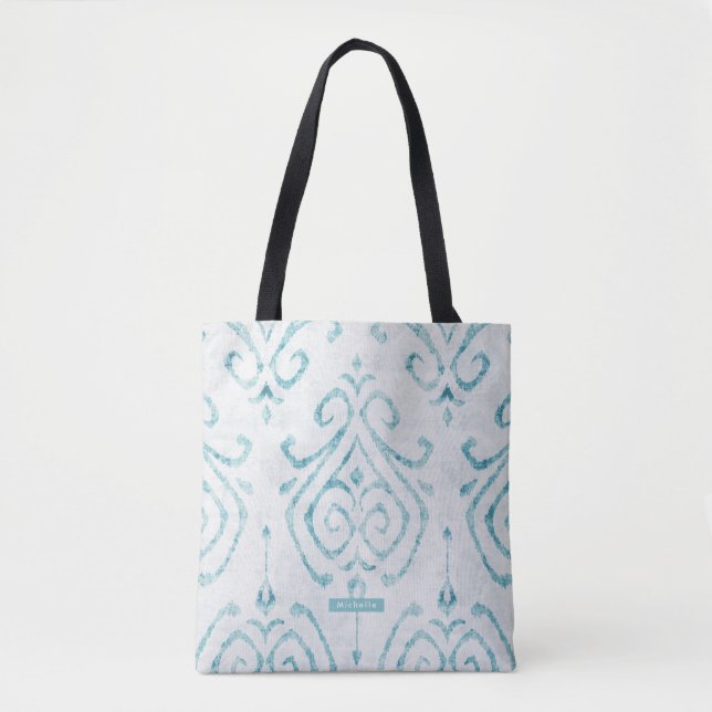 Personalised Turquoise Ikat Pattern Bridesmaid Tote Bag (Front)