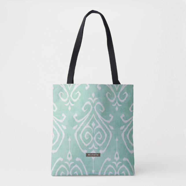 Personalised Turquoise Ikat Pattern Bridesmaid Tote Bag (Front)