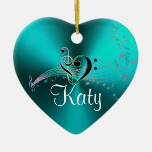 Personalised Turquoise Music Notes Holiday Heart Ceramic Tree Decoration
