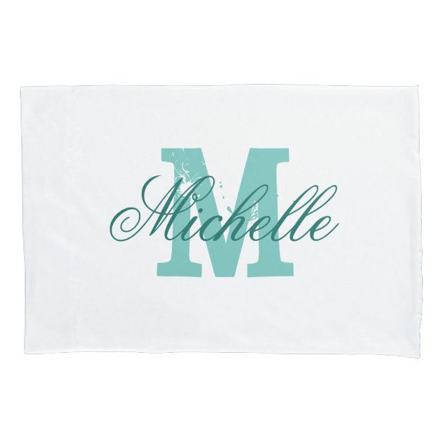 Personalised turquoise name monogram pillowcase (Front)