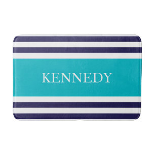 Personalised Turquoise  Navy Nautical Stripes Bath Mat