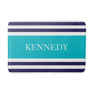 Personalised Turquoise Navy Nautical Stripes Bath Mat