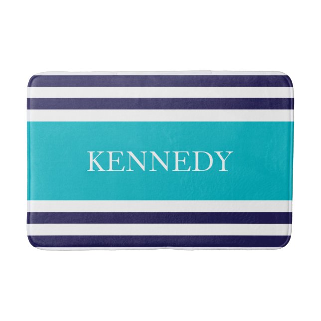 Personalised Turquoise  Navy Nautical Stripes Bath Mat (Front)