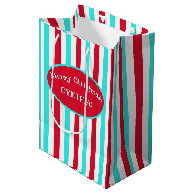 Personalised Turquoise Red and White Gift Bag (Front Angled)