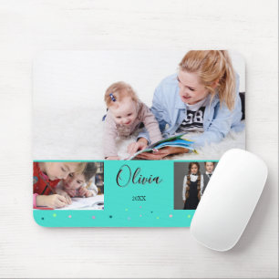Personalised Turquoise School Photo Collage Name Mouse Mat