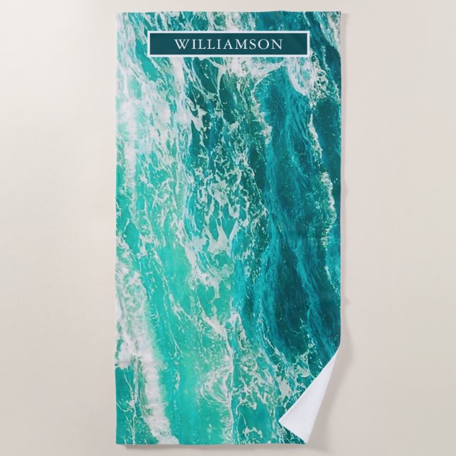Personalised Turquoise Sea and Waves Beach Towel (Front)