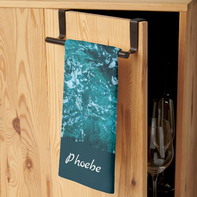 Personalised Turquoise Sea and Waves Housewarming Tea Towel (Thirds Fold)