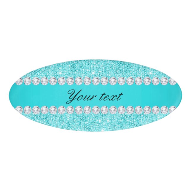 Personalised Turquoise Sequins and Diamonds Name Tag (Front)